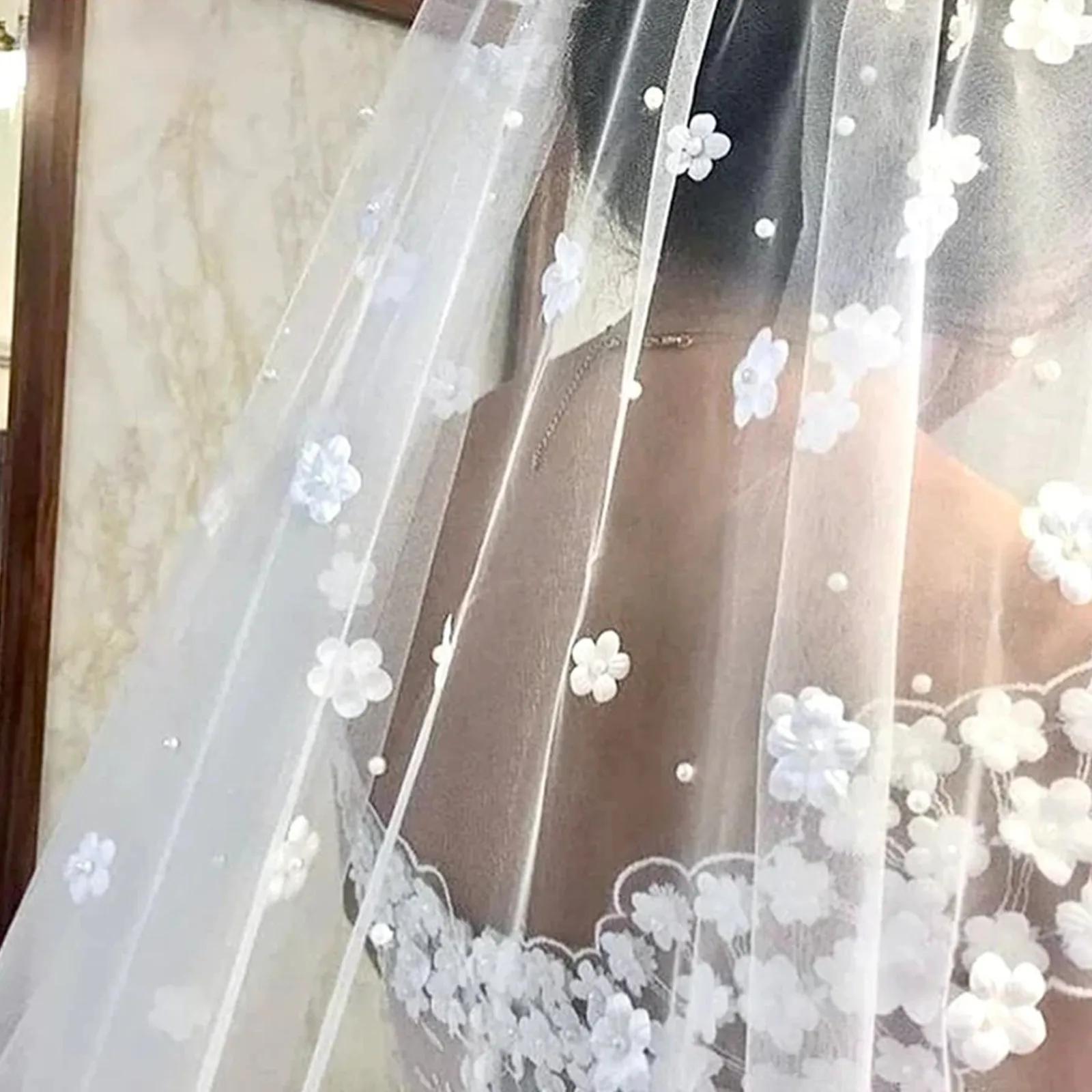 Wedding Pearl And 3D Flowers Veil - Cathedral Length 150CM 300CM